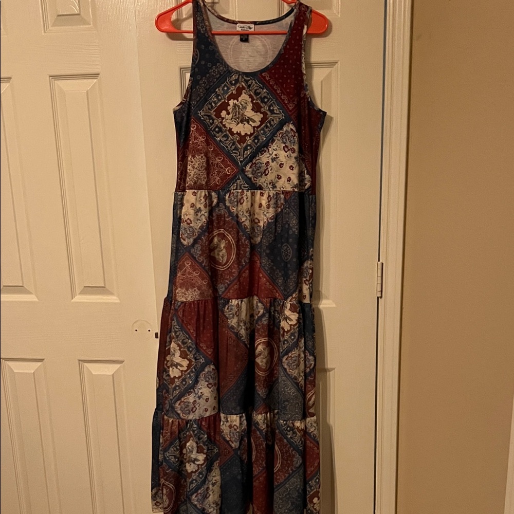 Tasha Polizzi Patchwork Maxi Dress in Blue, Burgundy, Cream